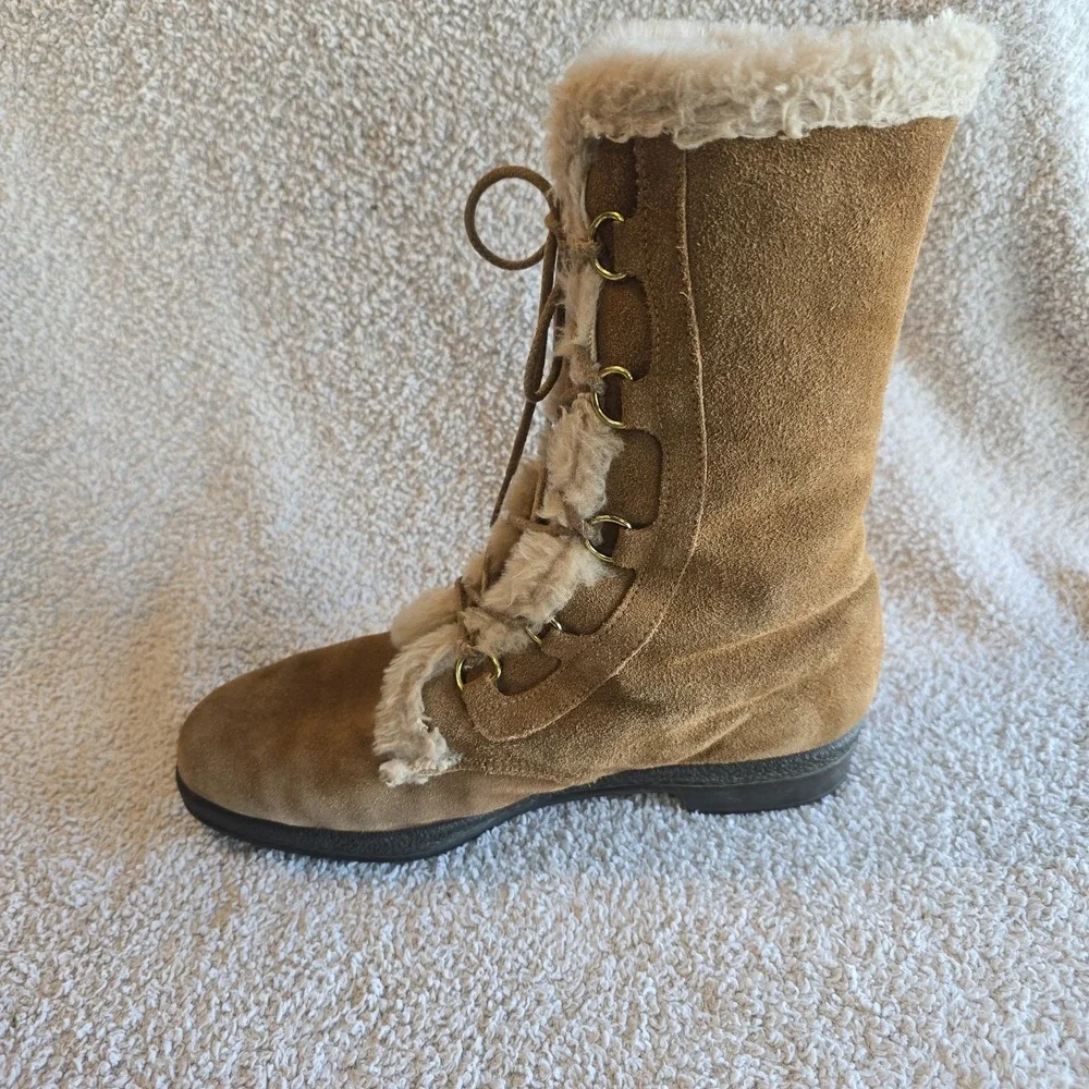 Vtg Yodelers Women's Brown Suede Winter Boots Faux Fur Trim Apres-ski Retro Boho